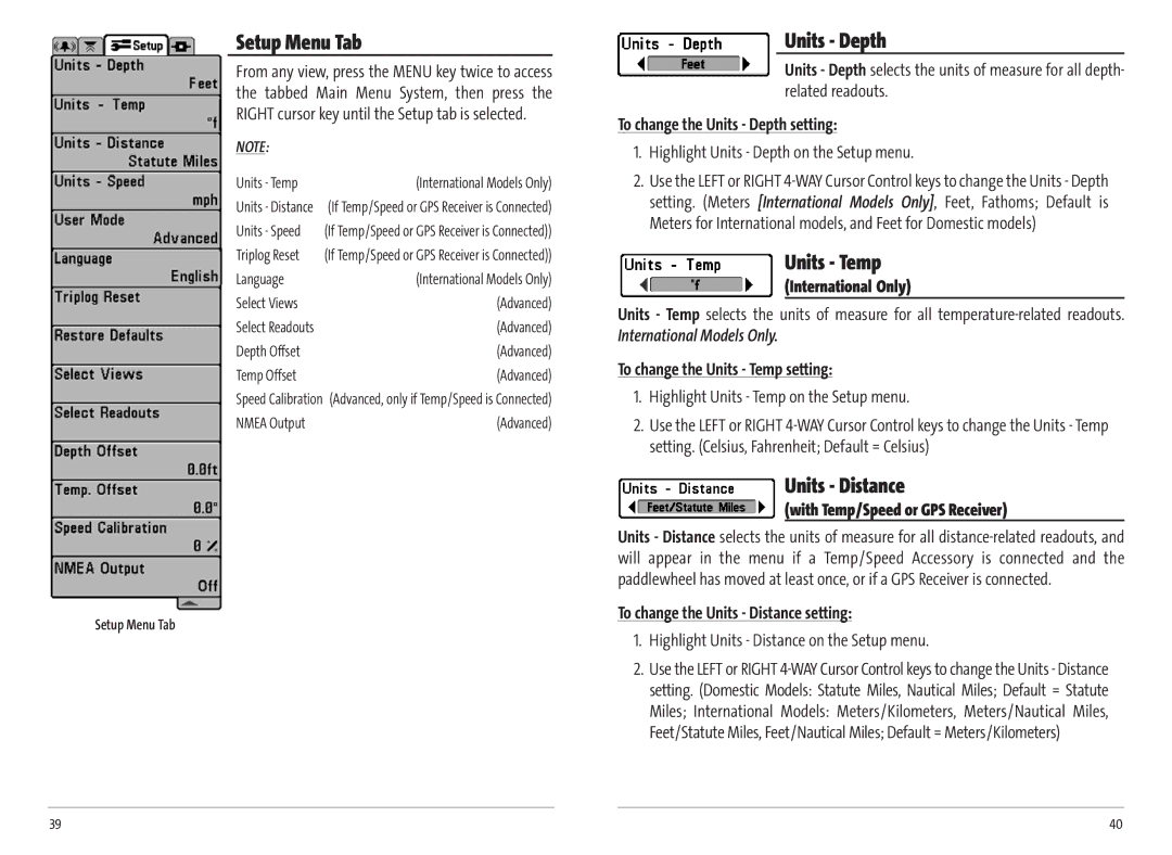 Humminbird Matrix 27, MATRIX 37, Matrix 20, MATRIX 12, MATRIX 17 manual Setup Menu Tab, Units Depth, Units Temp, Units Distance 