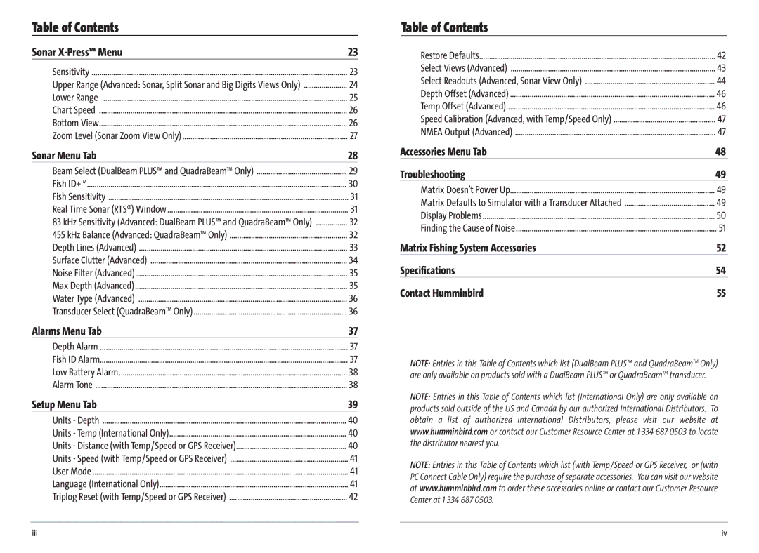 Humminbird MATRIX 17, MATRIX 37 manual Sonar Menu Tab, Alarms Menu Tab, Setup Menu Tab, Accessories Menu Tab Troubleshooting 
