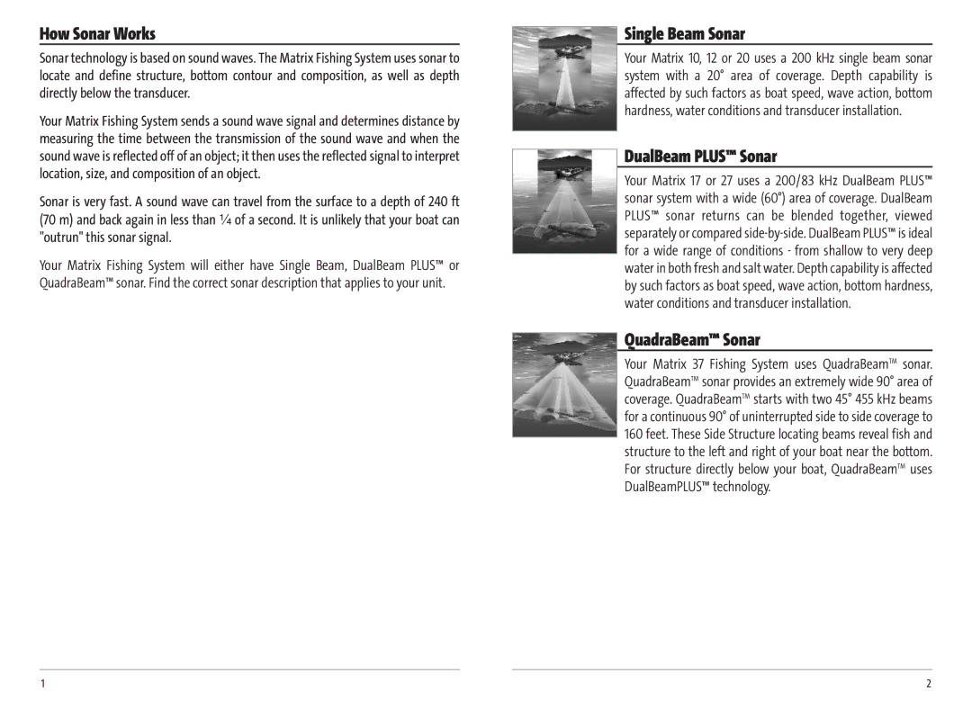 Humminbird Matrix 10, MATRIX 37, Matrix 20 manual How Sonar Works, Single Beam Sonar, DualBeam Plus Sonar, QuadraBeam Sonar 