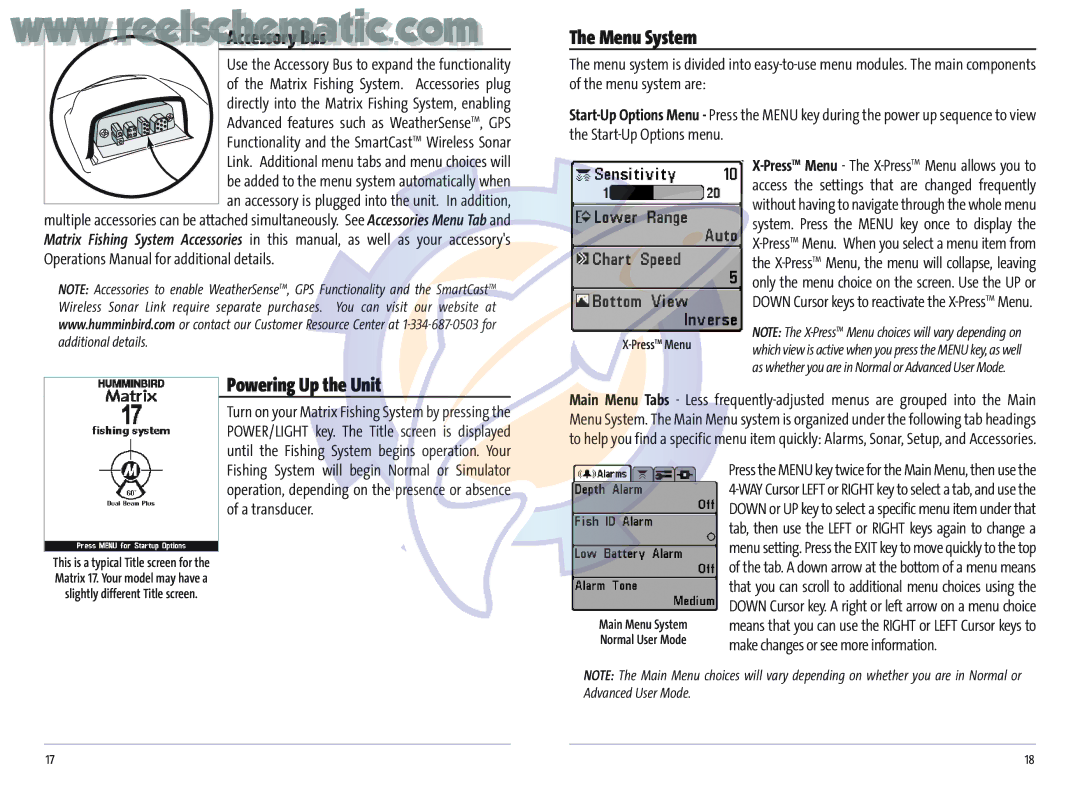 Humminbird MATRIX 12, MATRIX 37, Matrix 20, MATRIX 17, Matrix 27 manual AccessorymBusatic, Powering Up the Unit, Menu System 