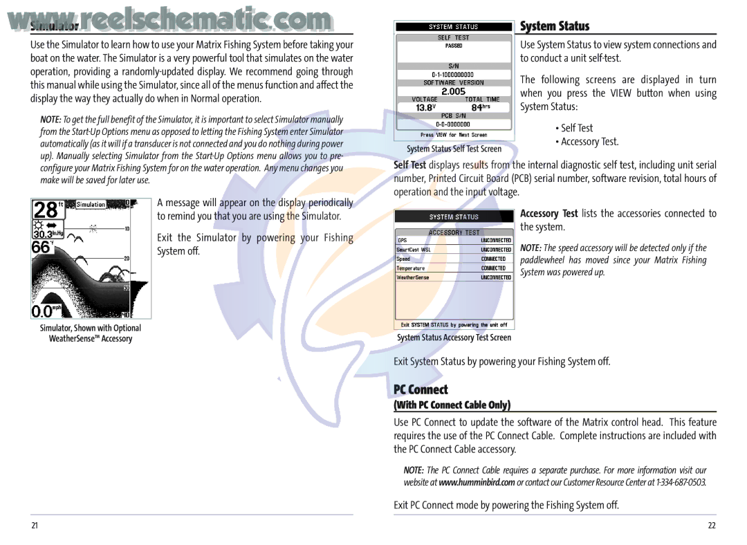 Humminbird Matrix 27, MATRIX 37, Matrix 20, MATRIX 12, MATRIX 17 manual System Status, With PC Connect Cable Only 