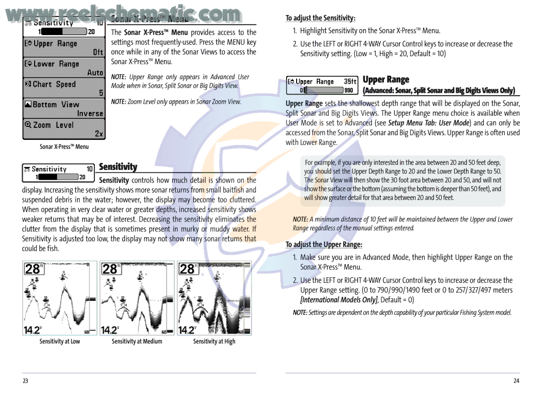 Humminbird MATRIX 37 manual Upper Range, To adjust the Sensitivity, Highlight Sensitivity on the Sonar X-PressTMMenu 