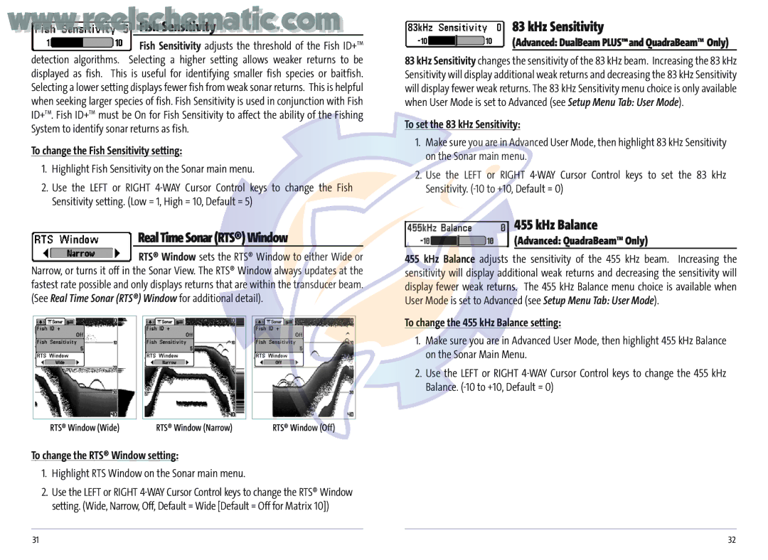 Humminbird Matrix 27, MATRIX 37, Matrix 20, MATRIX 12, MATRIX 17 Real Time Sonar RTS Window, KHz Sensitivity, KHz Balance 