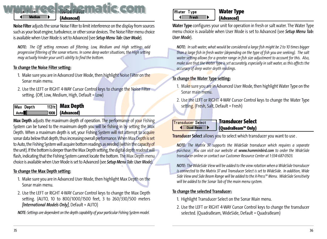 Humminbird Matrix 20, MATRIX 37, MATRIX 12, MATRIX 17, Matrix 27 manual Max Depth, Water Type, Transducer Select 
