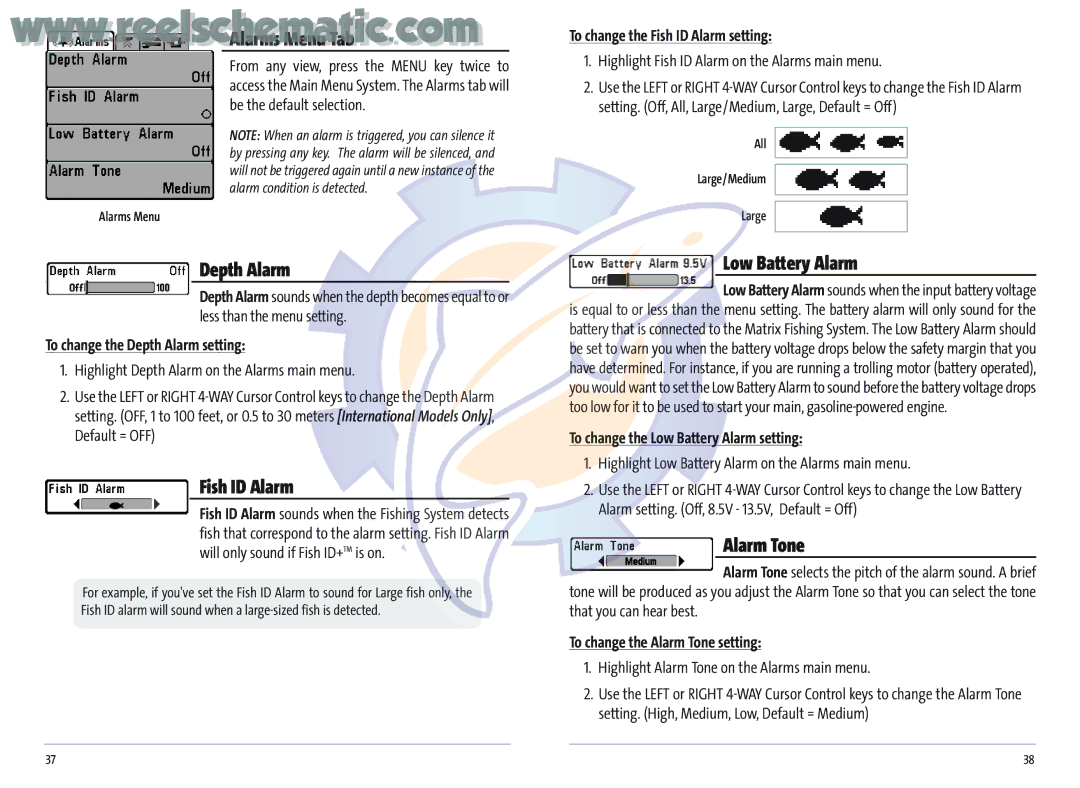 Humminbird MATRIX 12, MATRIX 37, Matrix 20, MATRIX 17, Matrix 27 Depth Alarm, Fish ID Alarm, Low Battery Alarm, Alarm Tone 