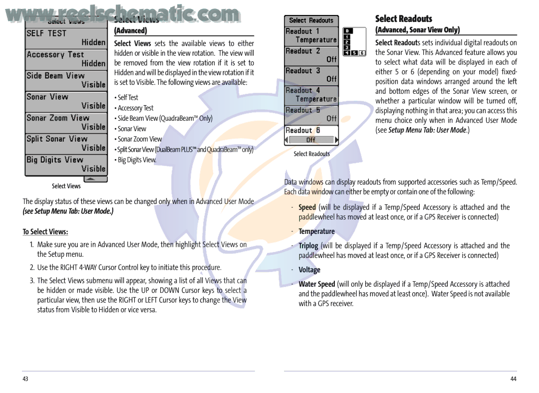 Humminbird MATRIX 37, Matrix 20 manual Select Readouts, To Select Views, Advanced, Sonar View Only, Temperature, Voltage 