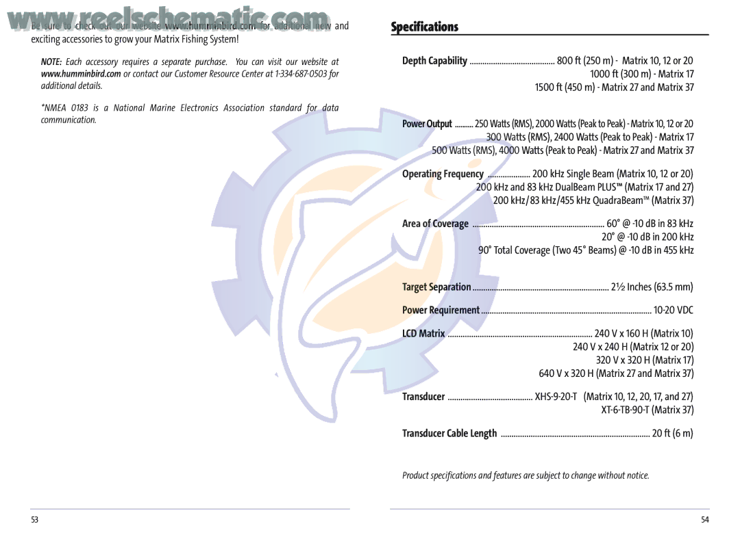 Humminbird MATRIX 37, Matrix 20, MATRIX 12, MATRIX 17, Matrix 27 manual Specifications 