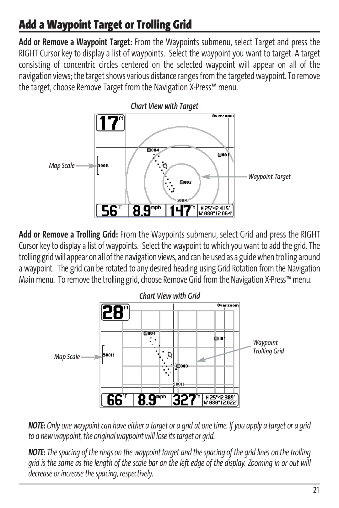 Humminbird Matrix 97 manual Add a Waypoint Target or Trolling Grid, Chart View with Target, Chart View with Grid 