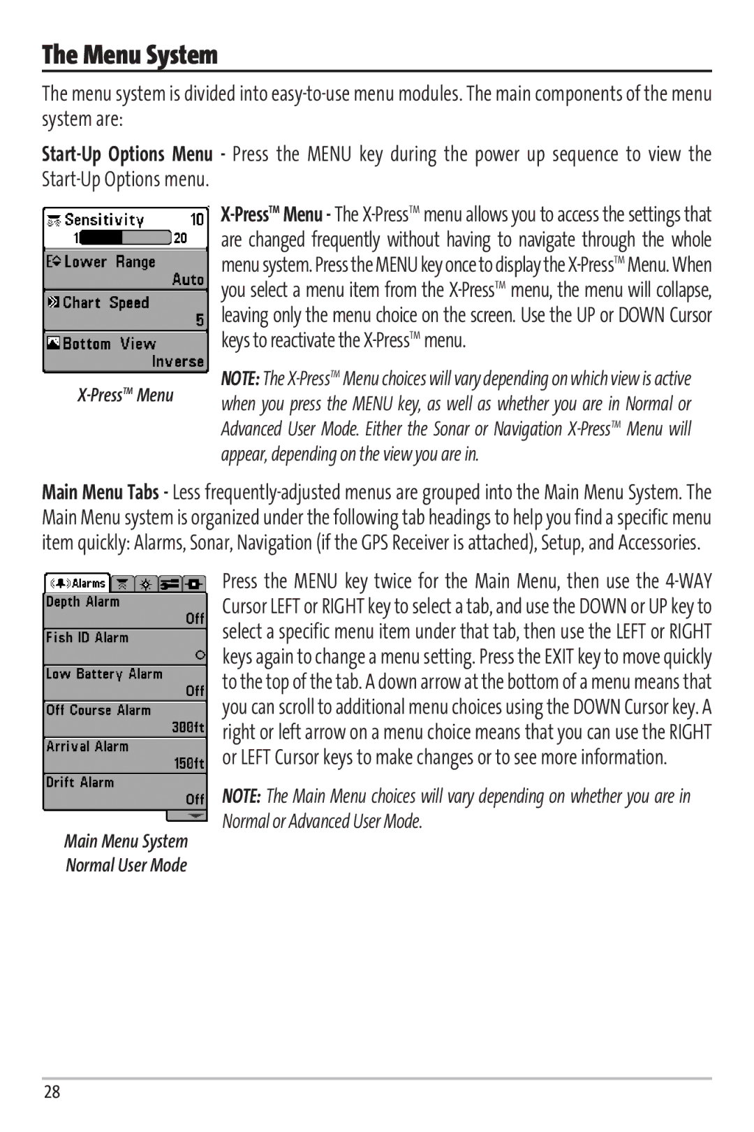 Humminbird Matrix 97 manual Main Menu System Normal User Mode 