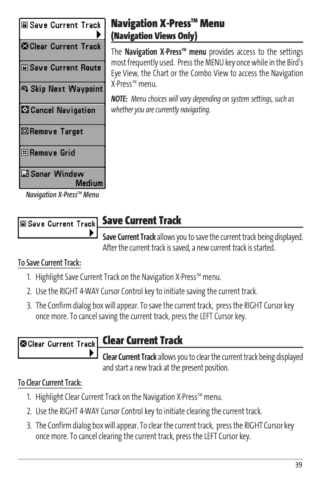 Humminbird Matrix 97 manual Navigation X-PressTMMenu, Save Current Track, Clear Current Track 