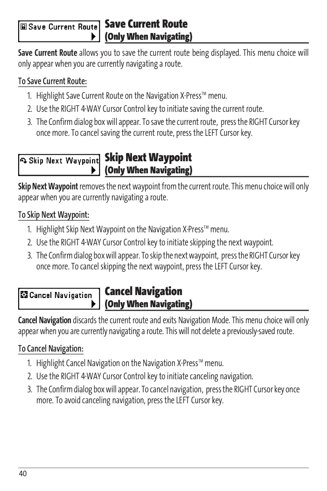 Humminbird Matrix 97 manual Save Current Route, Skip Next Waypoint, Cancel Navigation 