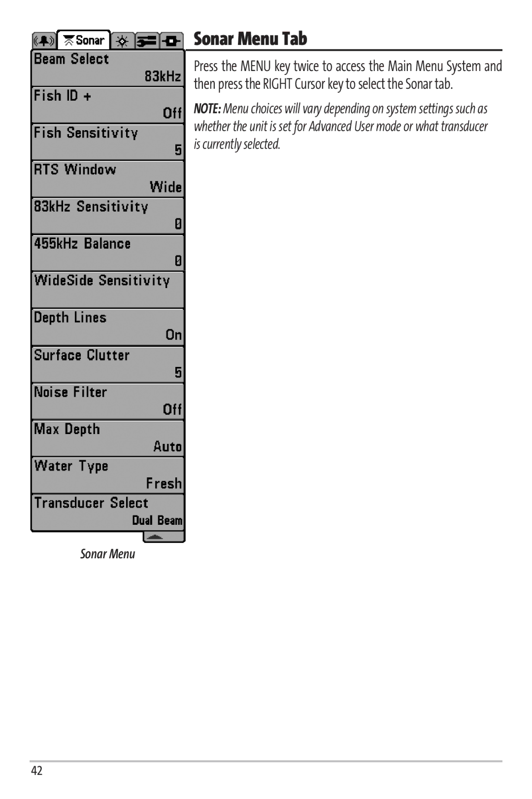 Humminbird Matrix 97 manual Sonar Menu Tab 