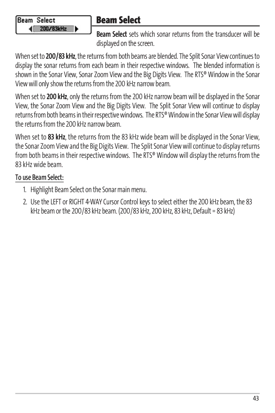 Humminbird Matrix 97 manual To use Beam Select, Highlight Beam Select on the Sonar main menu 