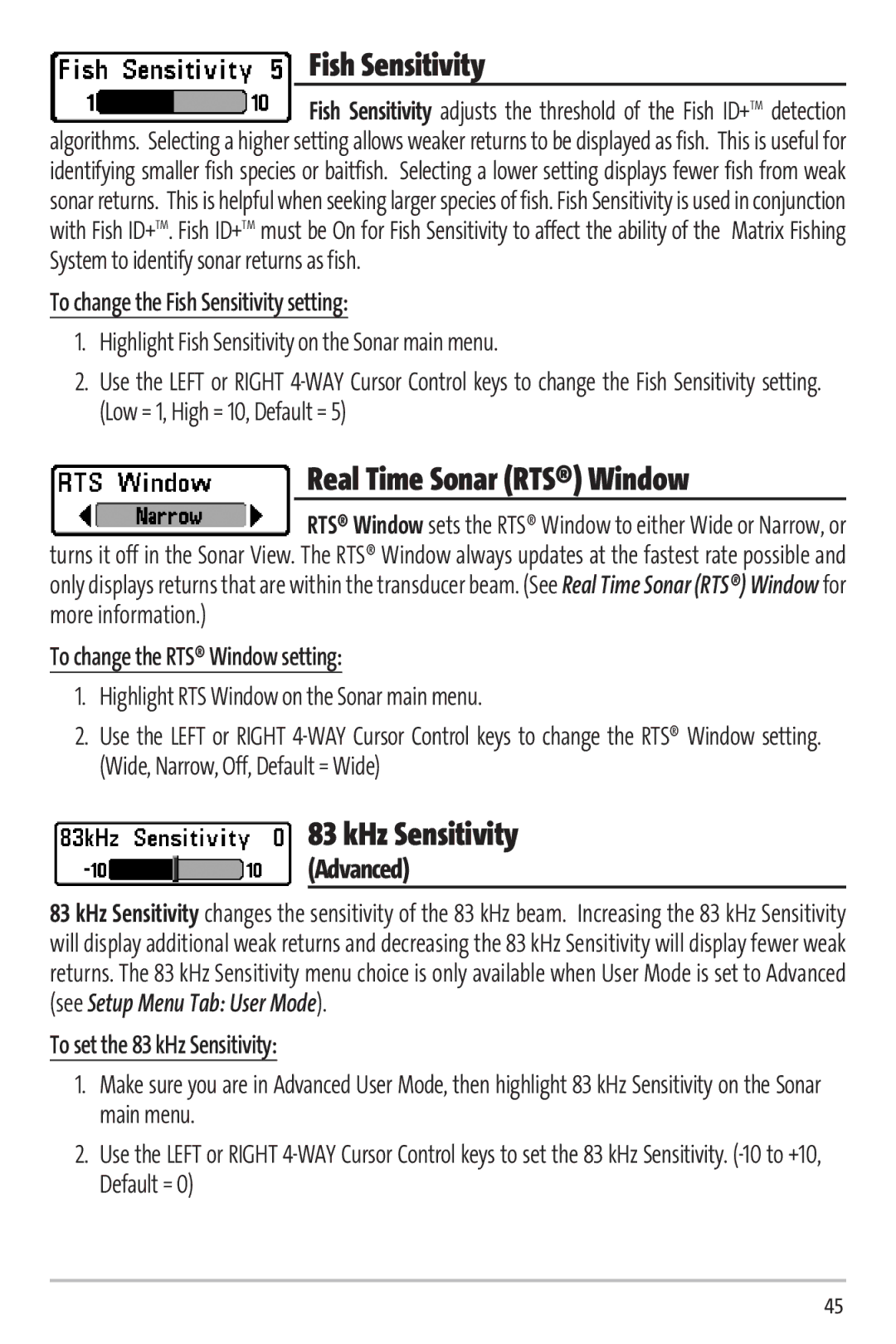 Humminbird Matrix 97 manual Fish Sensitivity, KHz Sensitivity 