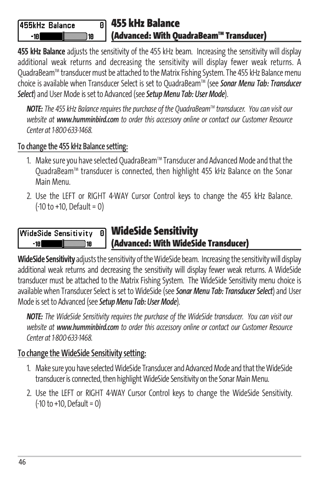 Humminbird Matrix 97 manual KHz Balance, WideSide Sensitivity 