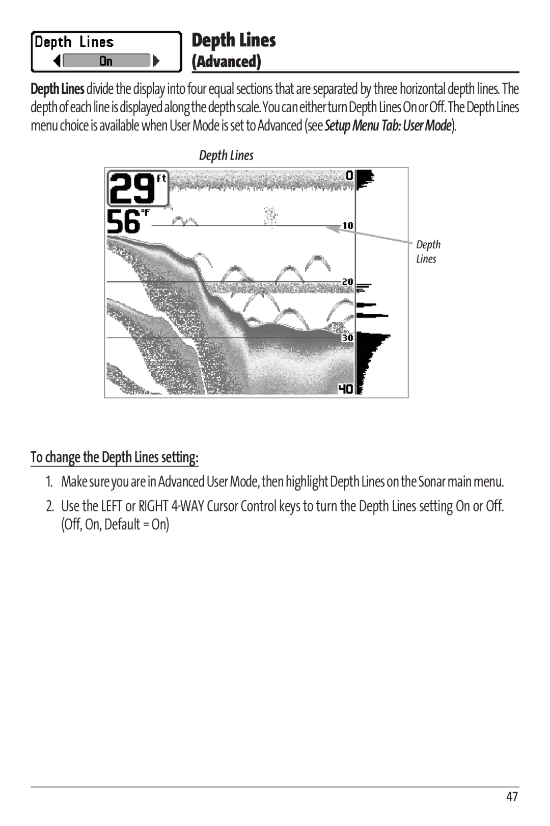 Humminbird Matrix 97 manual To change the Depth Lines setting 