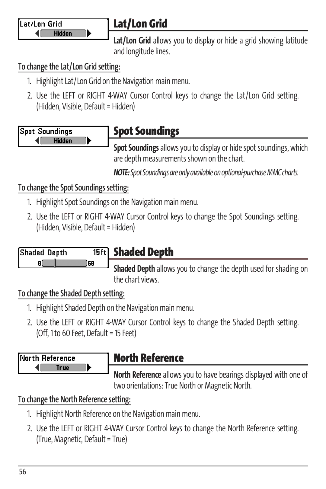 Humminbird Matrix 97 manual Lat/Lon Grid, Spot Soundings, Shaded Depth, North Reference 