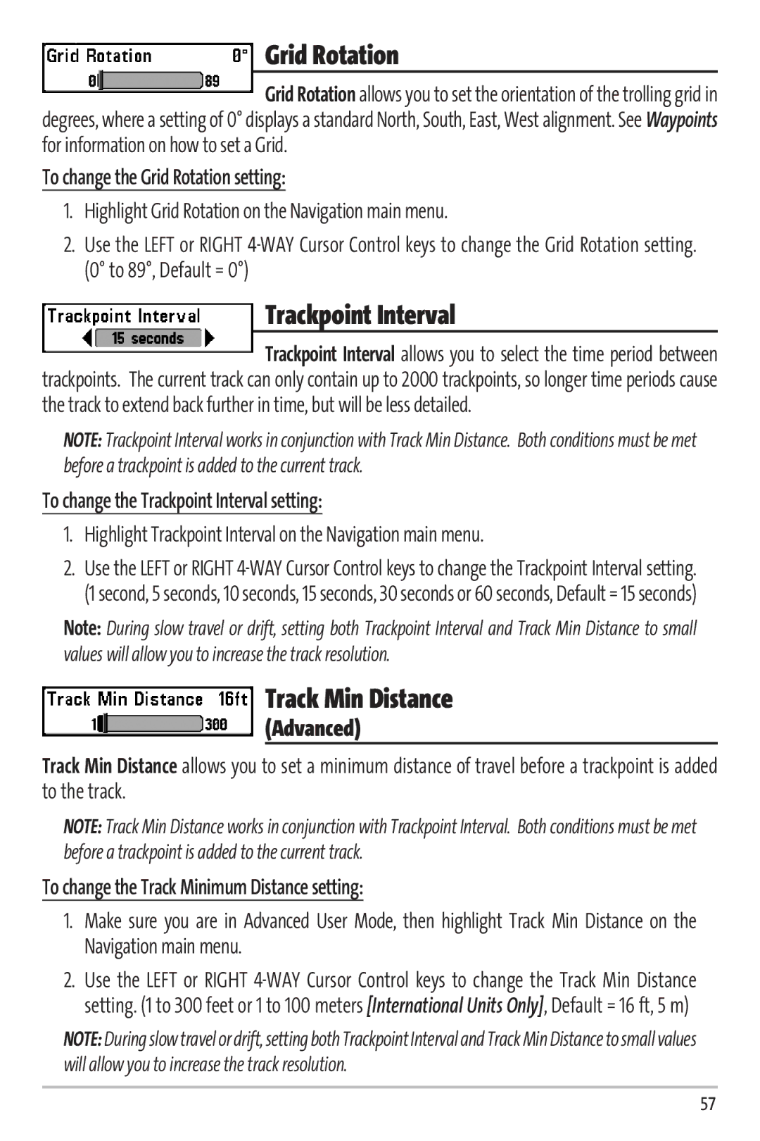 Humminbird Matrix 97 manual Grid Rotation, Trackpoint Interval, Track Min Distance 