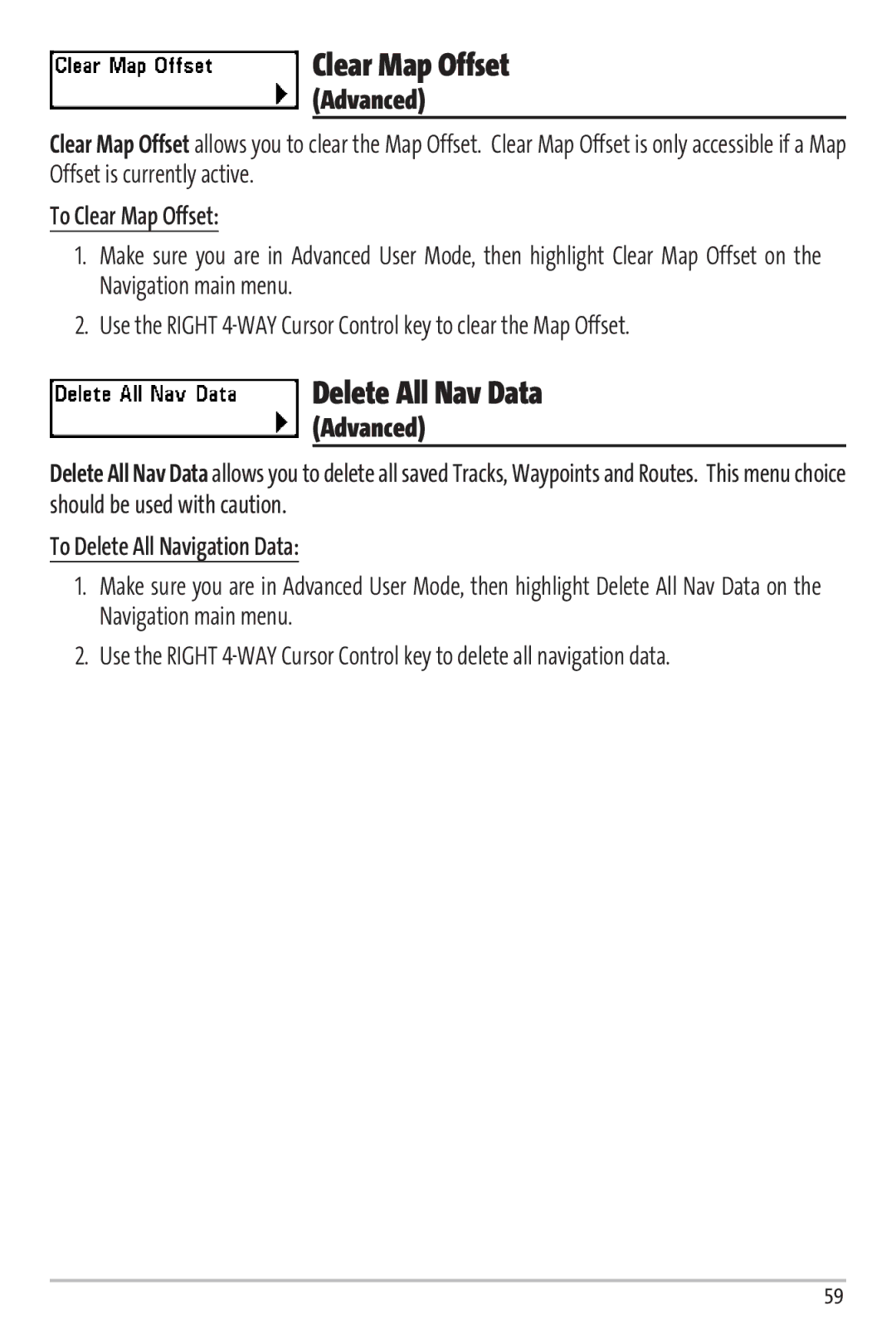 Humminbird Matrix 97 manual Delete All Nav Data, To Clear Map Offset, To Delete All Navigation Data 