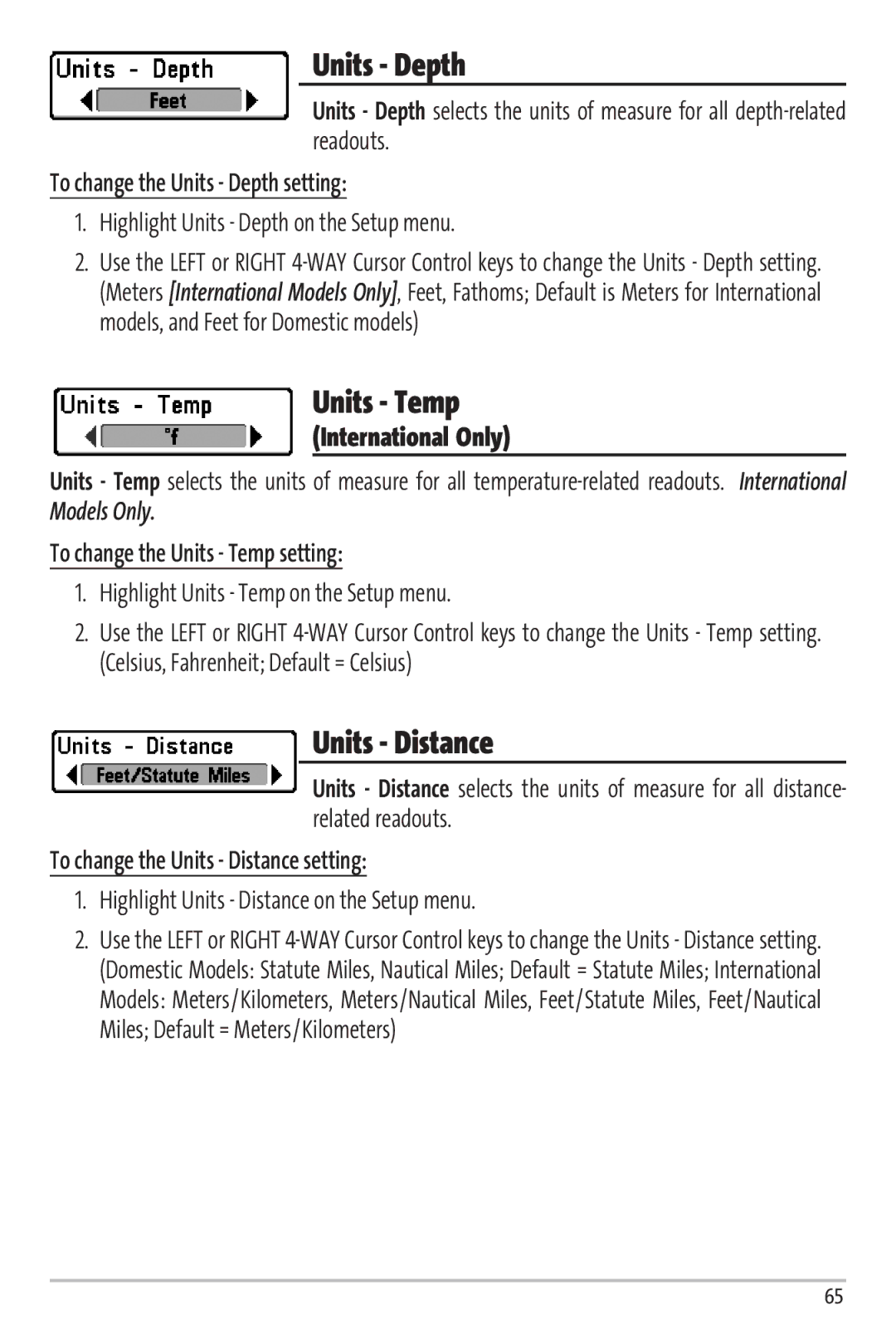 Humminbird Matrix 97 manual Units Depth, Units Temp, Units Distance 