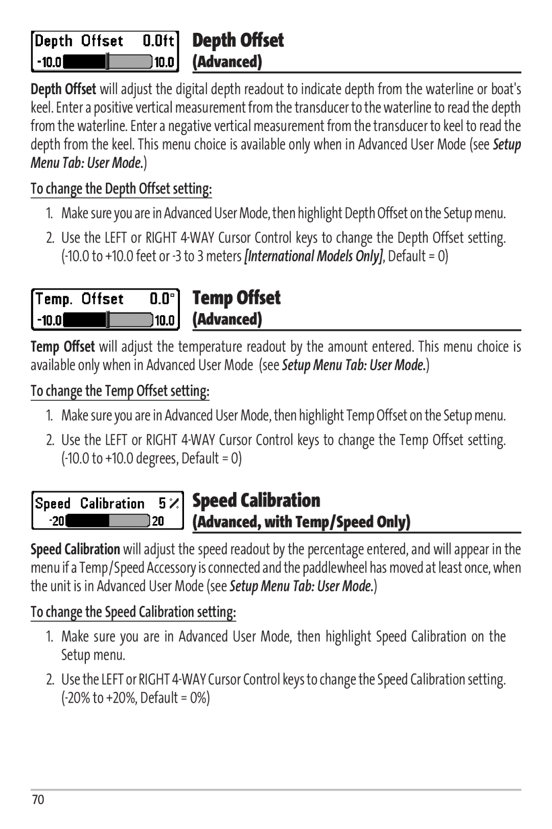 Humminbird Matrix 97 manual Depth Offset, Temp Offset, Speed Calibration 