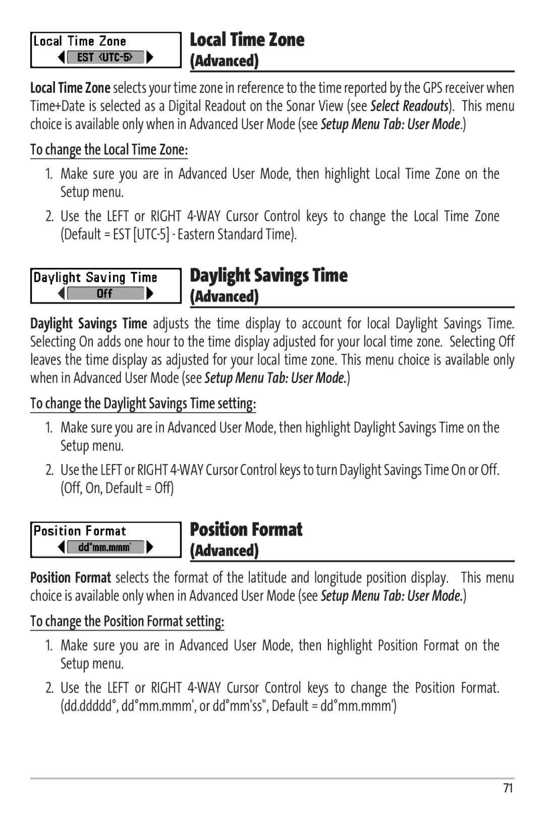 Humminbird Matrix 97 manual Local Time Zone, Daylight Savings Time, Position Format 