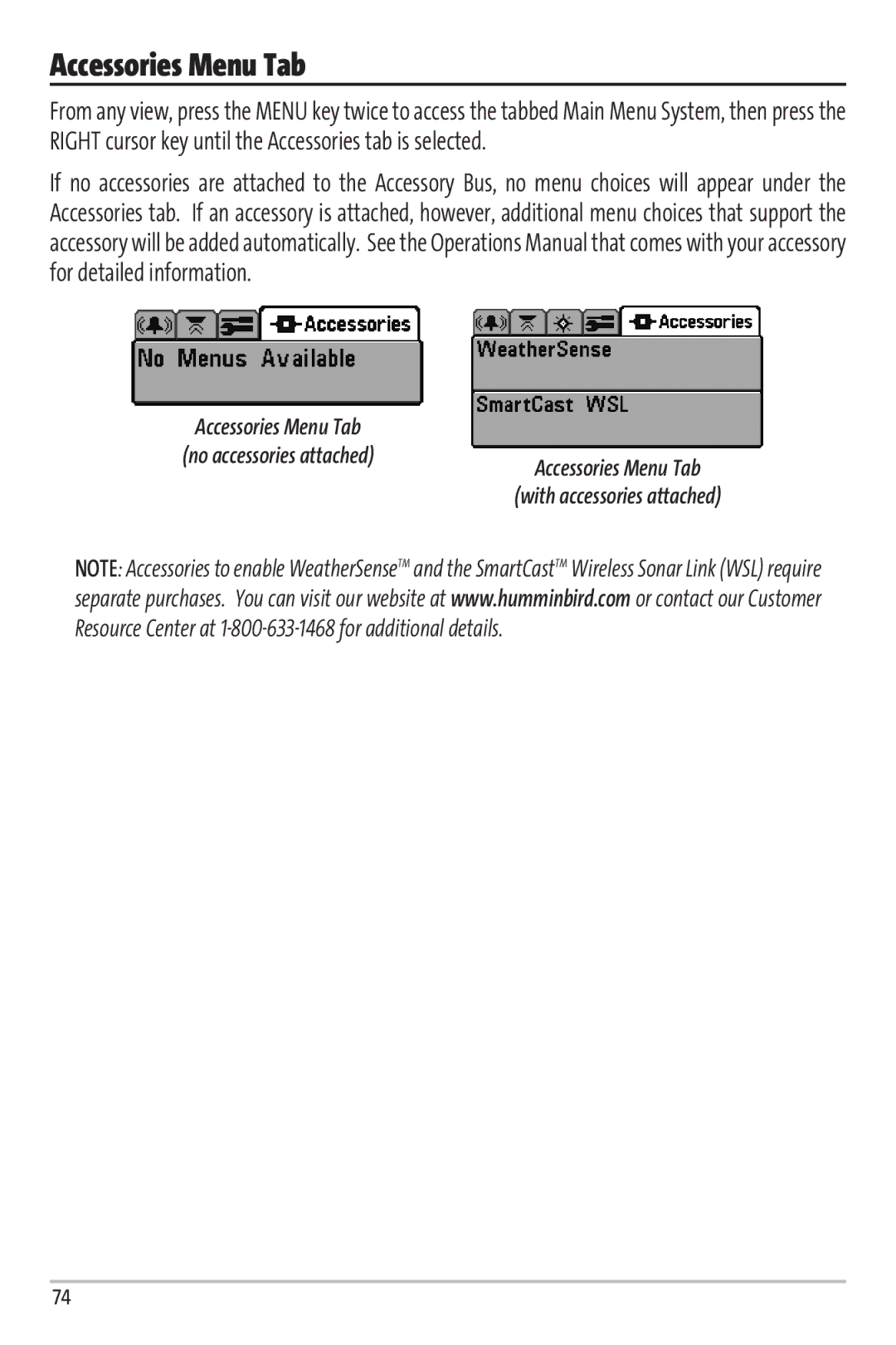 Humminbird Matrix 97 manual Accessories Menu Tab 