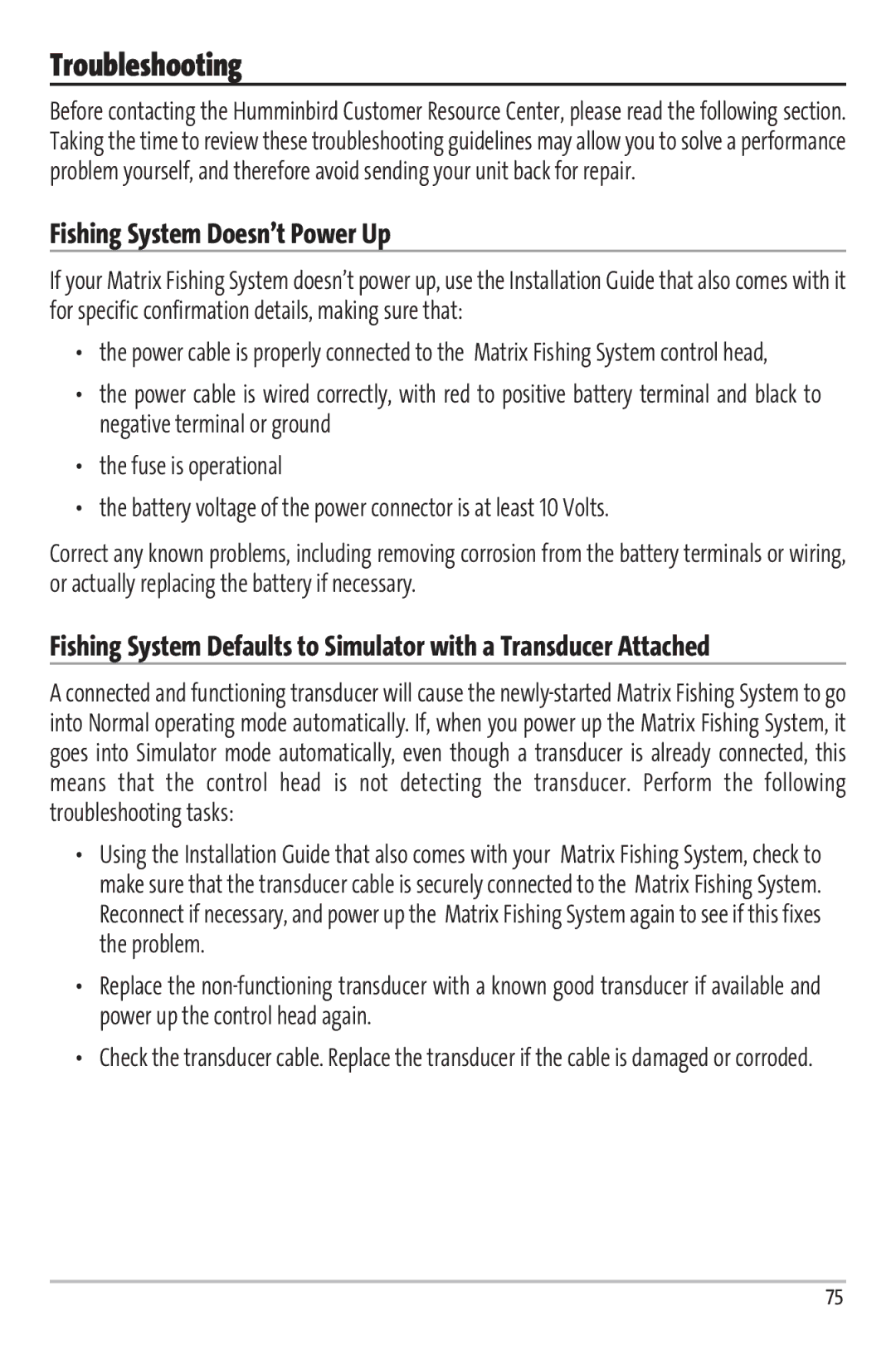 Humminbird Matrix 97 manual Troubleshooting, Fishing System Doesn’t Power Up 