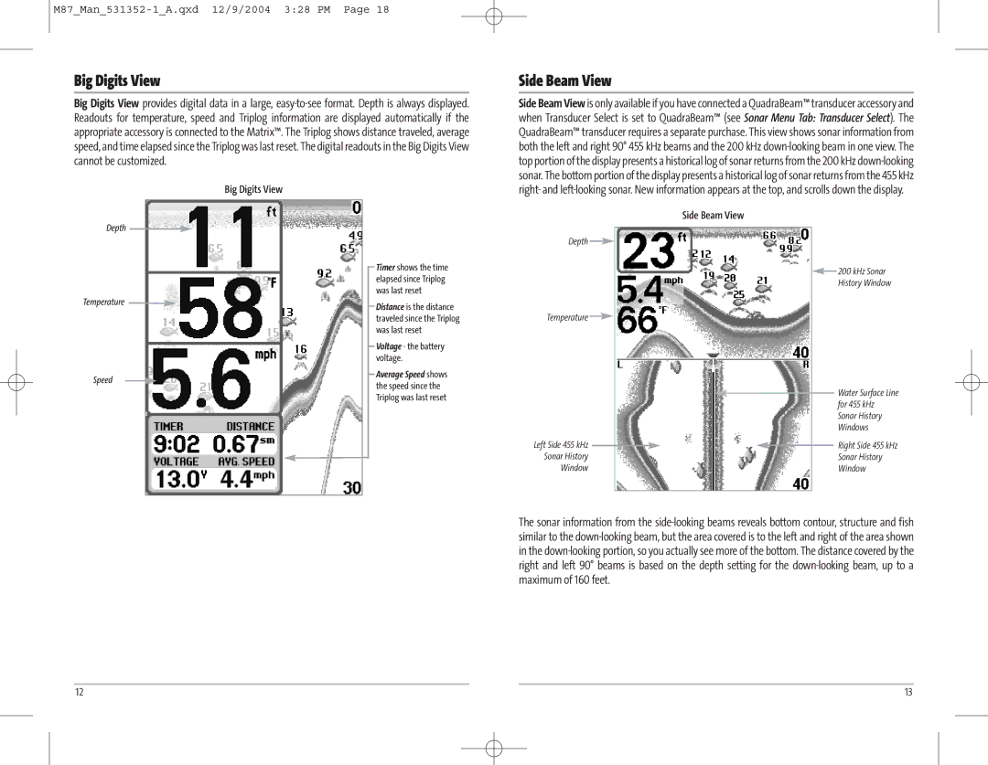 Humminbird Model Matrix 87 manual Big Digits View, Side Beam View 