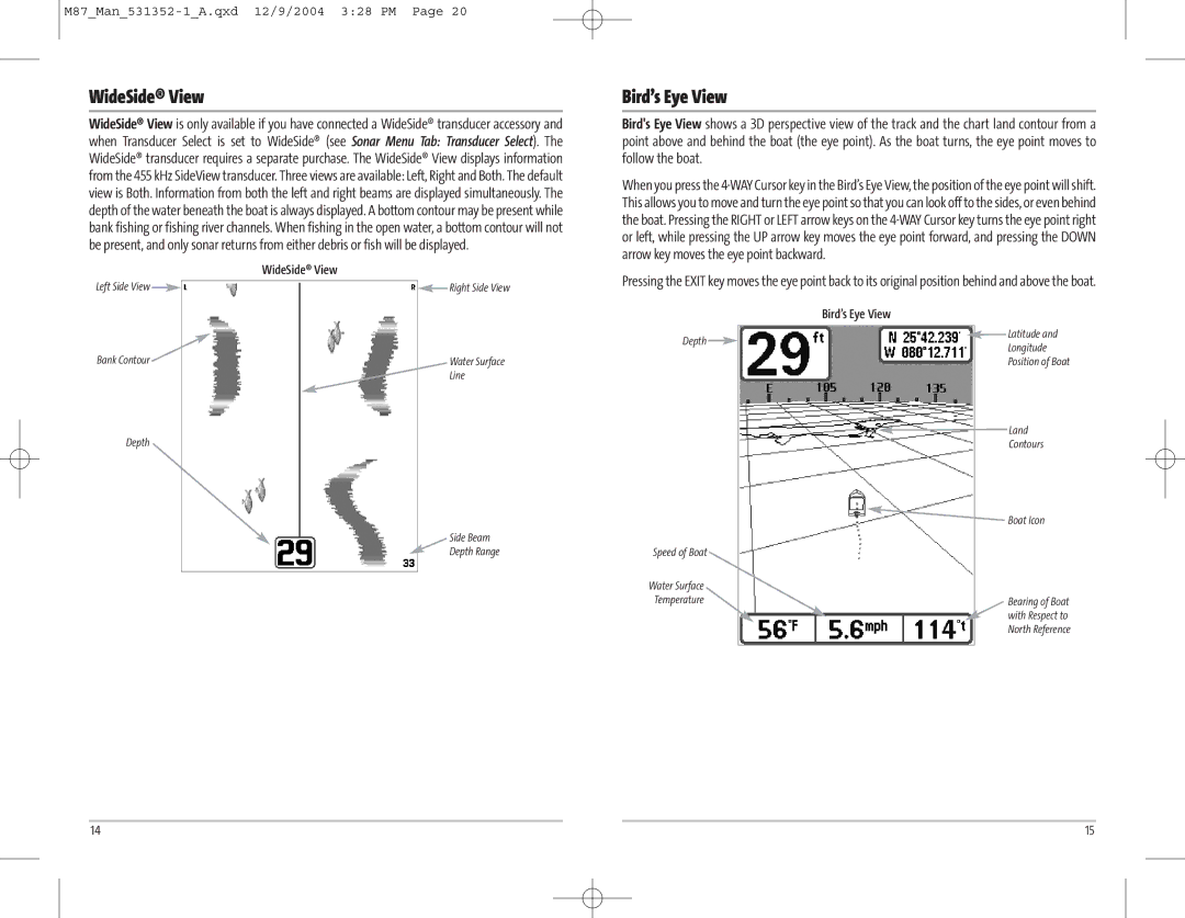 Humminbird Model Matrix 87 manual WideSide View, Bird’s Eye View 