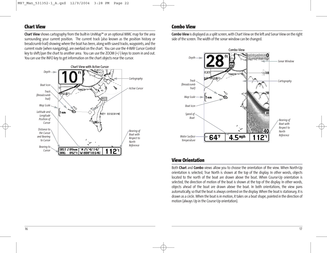 Humminbird Model Matrix 87 manual Combo View, View Orientation, Chart View with Active Cursor 