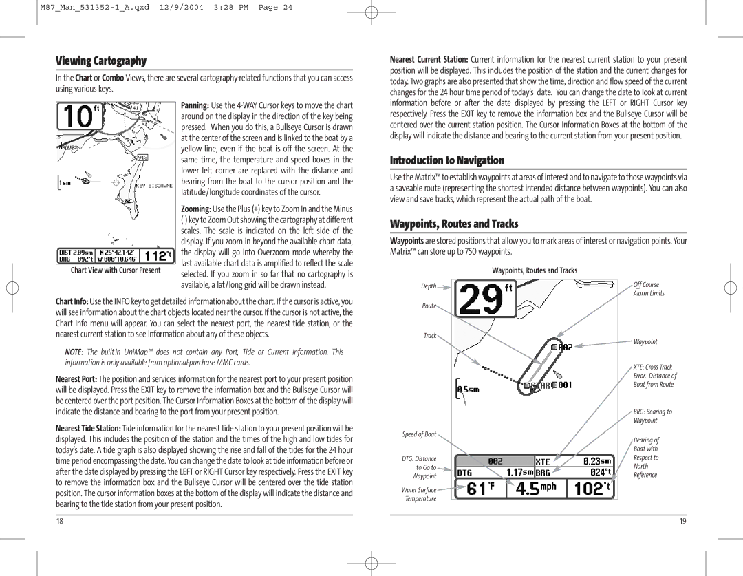 Humminbird Model Matrix 87 manual Viewing Cartography, Introduction to Navigation, Waypoints, Routes and Tracks 