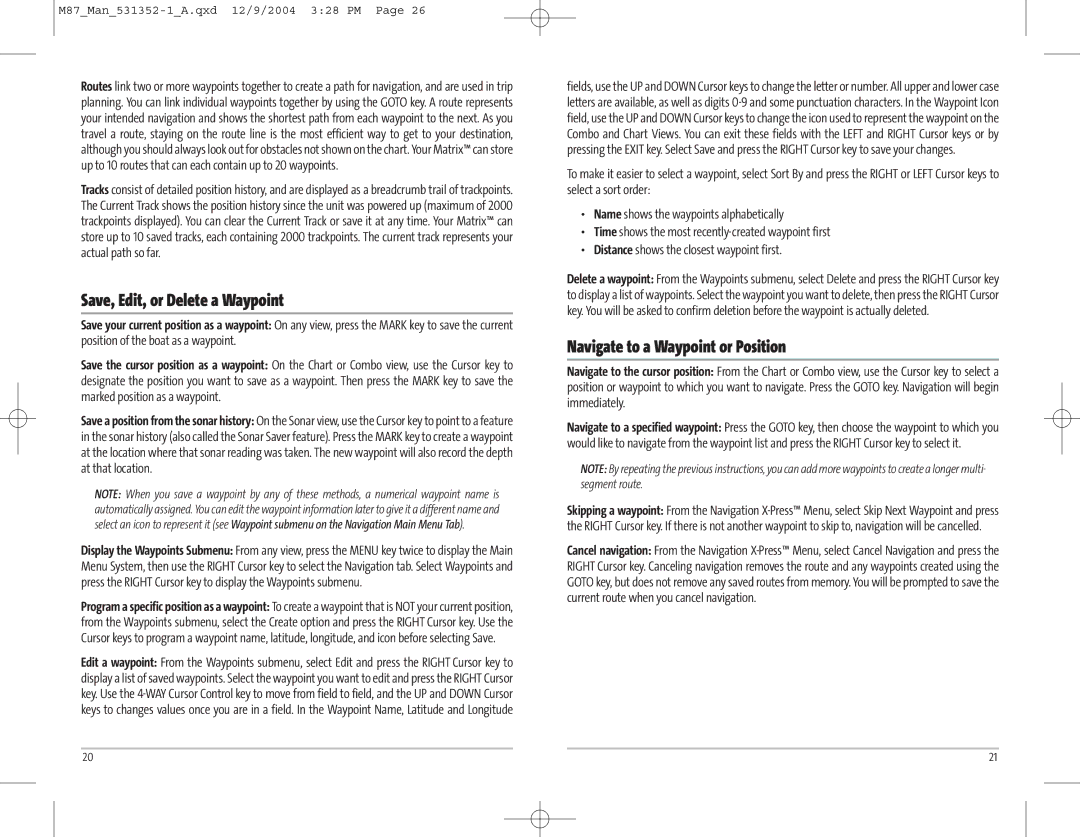 Humminbird Model Matrix 87 manual Save, Edit, or Delete a Waypoint, Navigate to a Waypoint or Position 