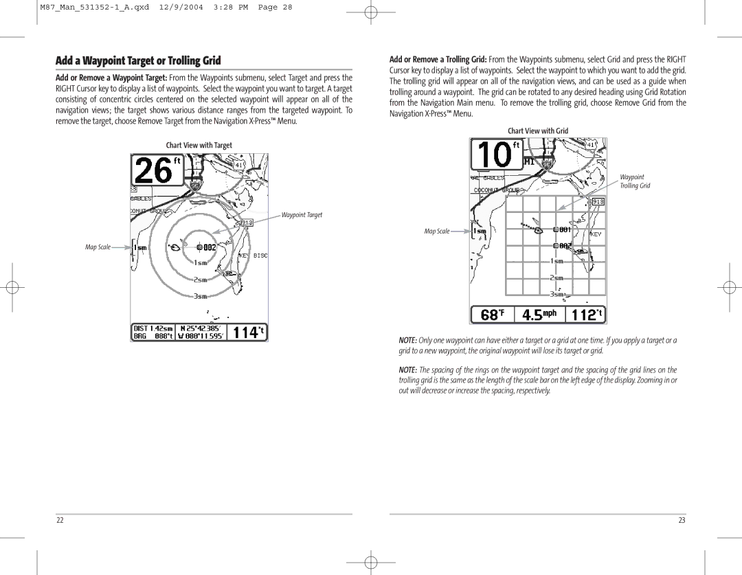 Humminbird Model Matrix 87 manual Add a Waypoint Target or Trolling Grid, Chart View with Target, Chart View with Grid 