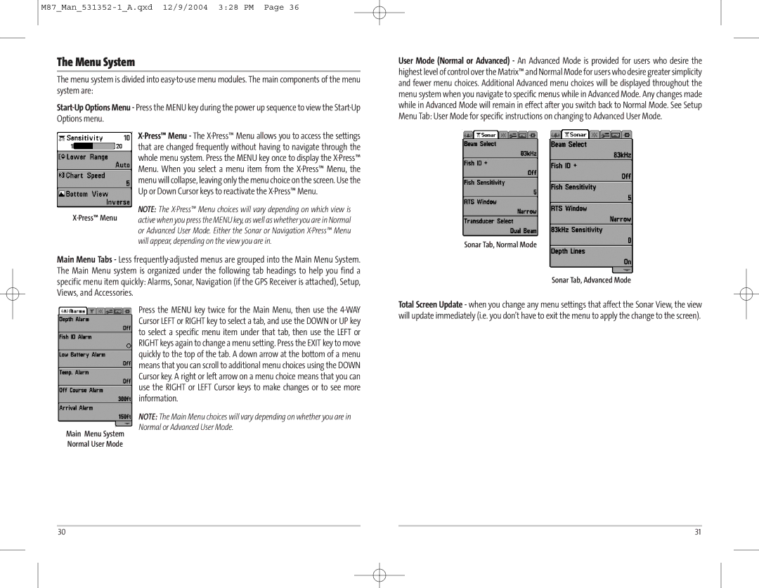 Humminbird Model Matrix 87 manual Main Menu System Normal User Mode, Sonar Tab, Normal Mode Sonar Tab, Advanced Mode 