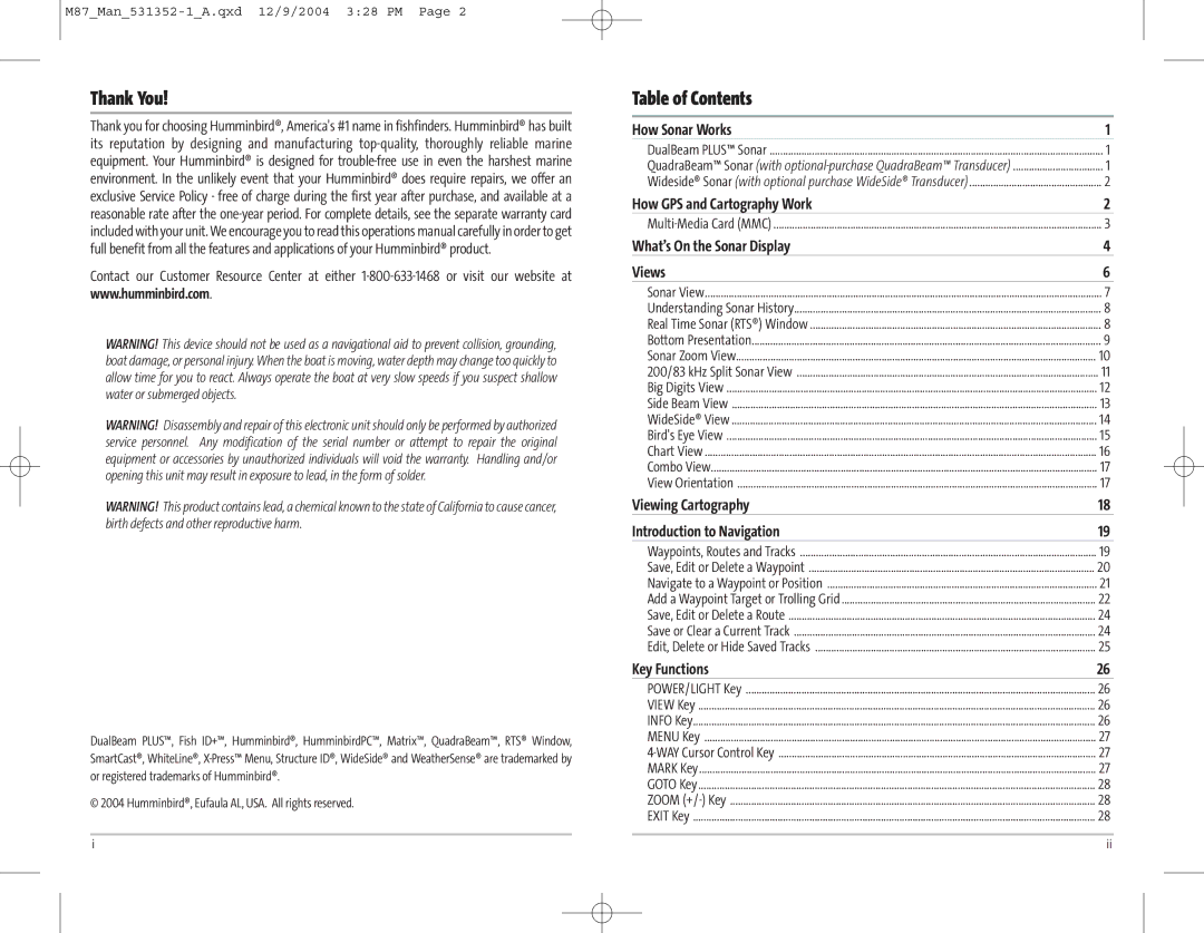 Humminbird Model Matrix 87 manual Thank You, Table of Contents 