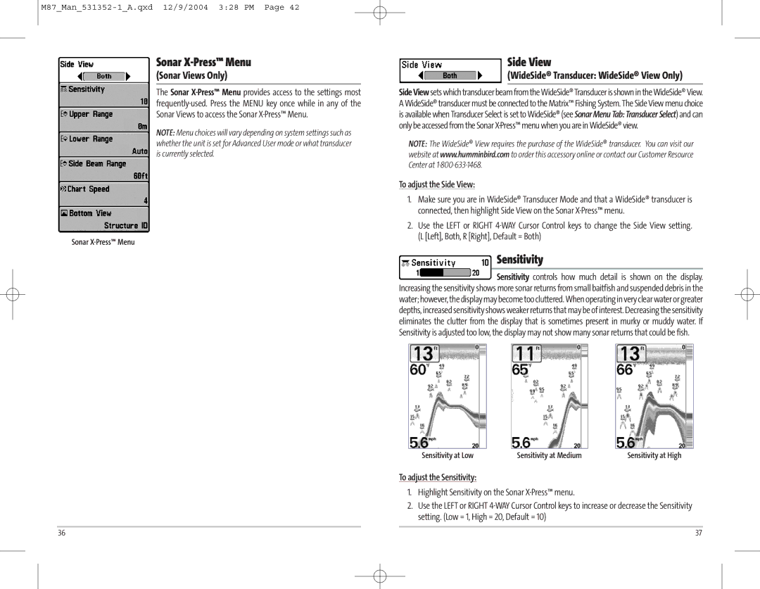 Humminbird Model Matrix 87 manual Sonar X-Press Menu, Side View, Sensitivity, Sonar Views Only 