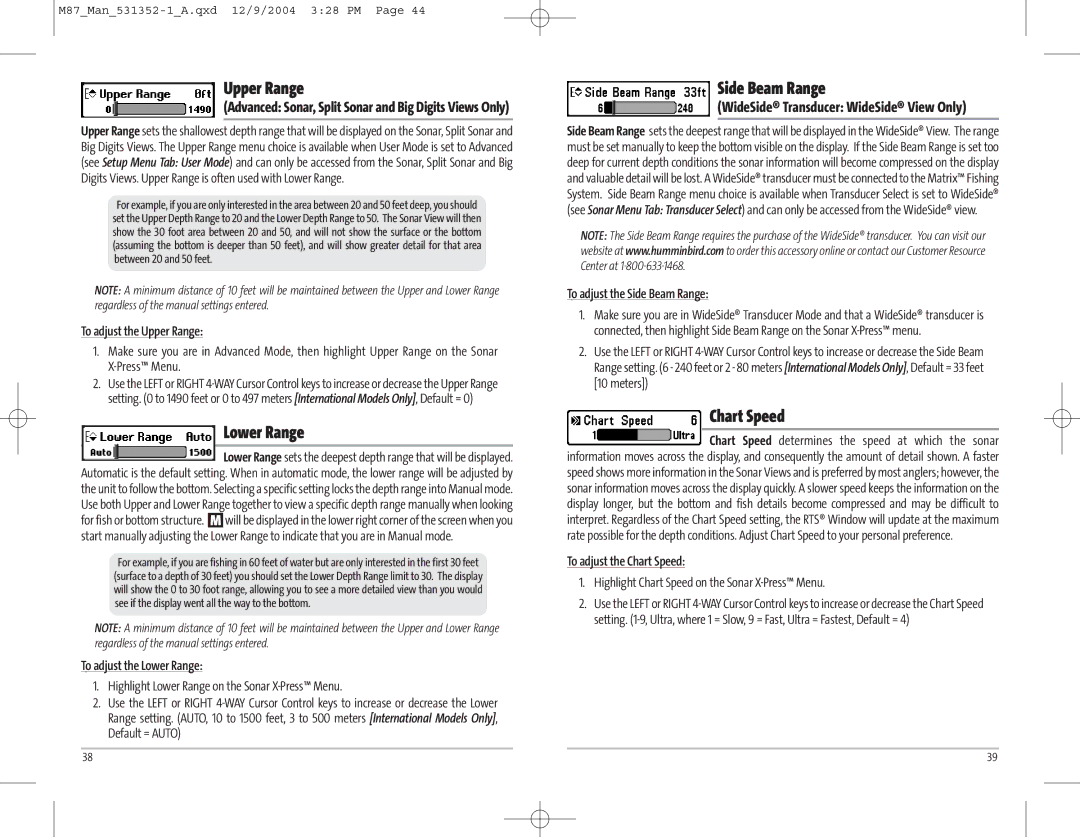 Humminbird Model Matrix 87 manual Upper Range, Lower Range, Side Beam Range, Chart Speed 