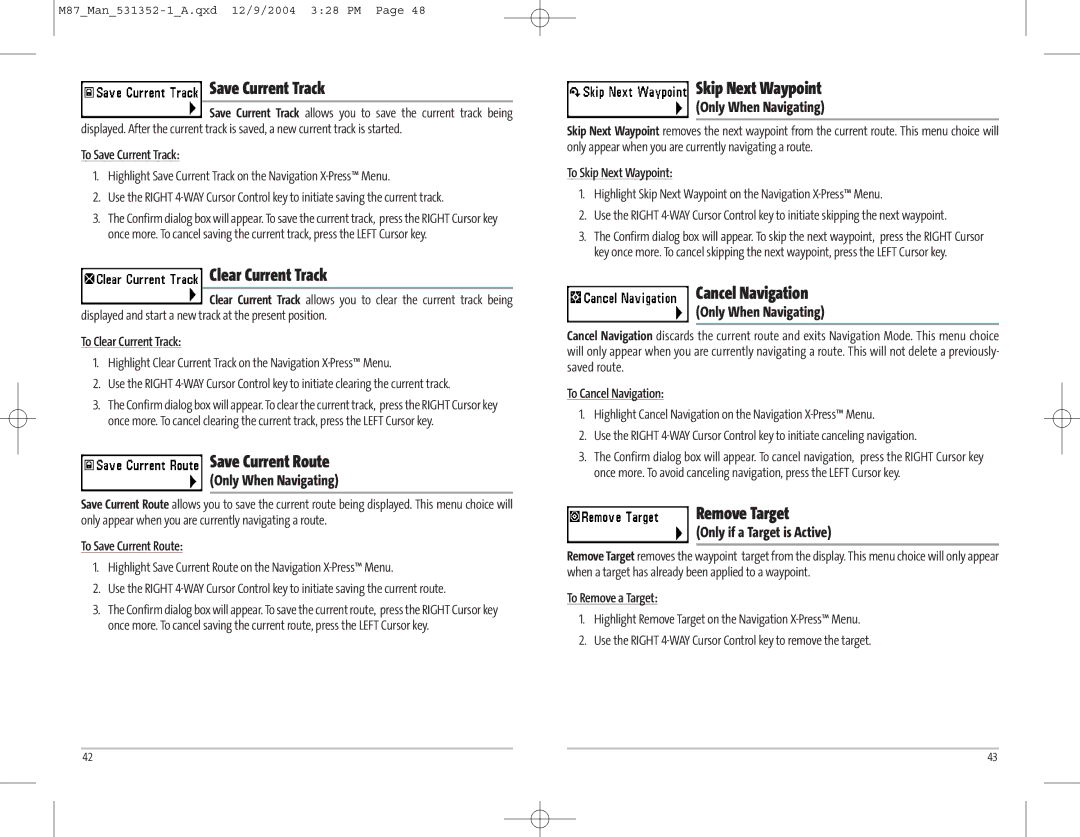 Humminbird Model Matrix 87 Save Current Track, Clear Current Track, Save Current Route, Skip Next Waypoint, Remove Target 