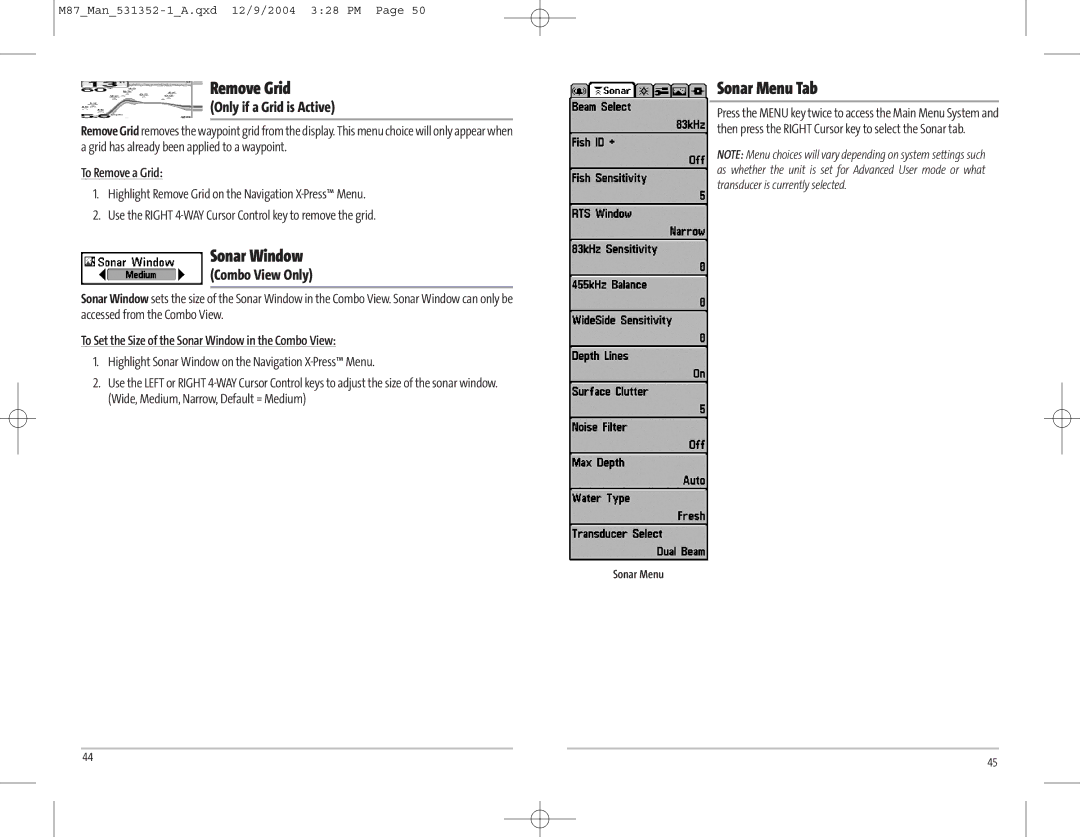 Humminbird Model Matrix 87 manual Remove Grid, Sonar Window, Sonar Menu Tab, Only if a Grid is Active, Combo View Only 