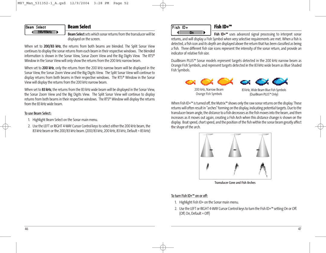 Humminbird Model Matrix 87 manual Fish ID+, To use Beam Select, Highlight Beam Select on the Sonar main menu 