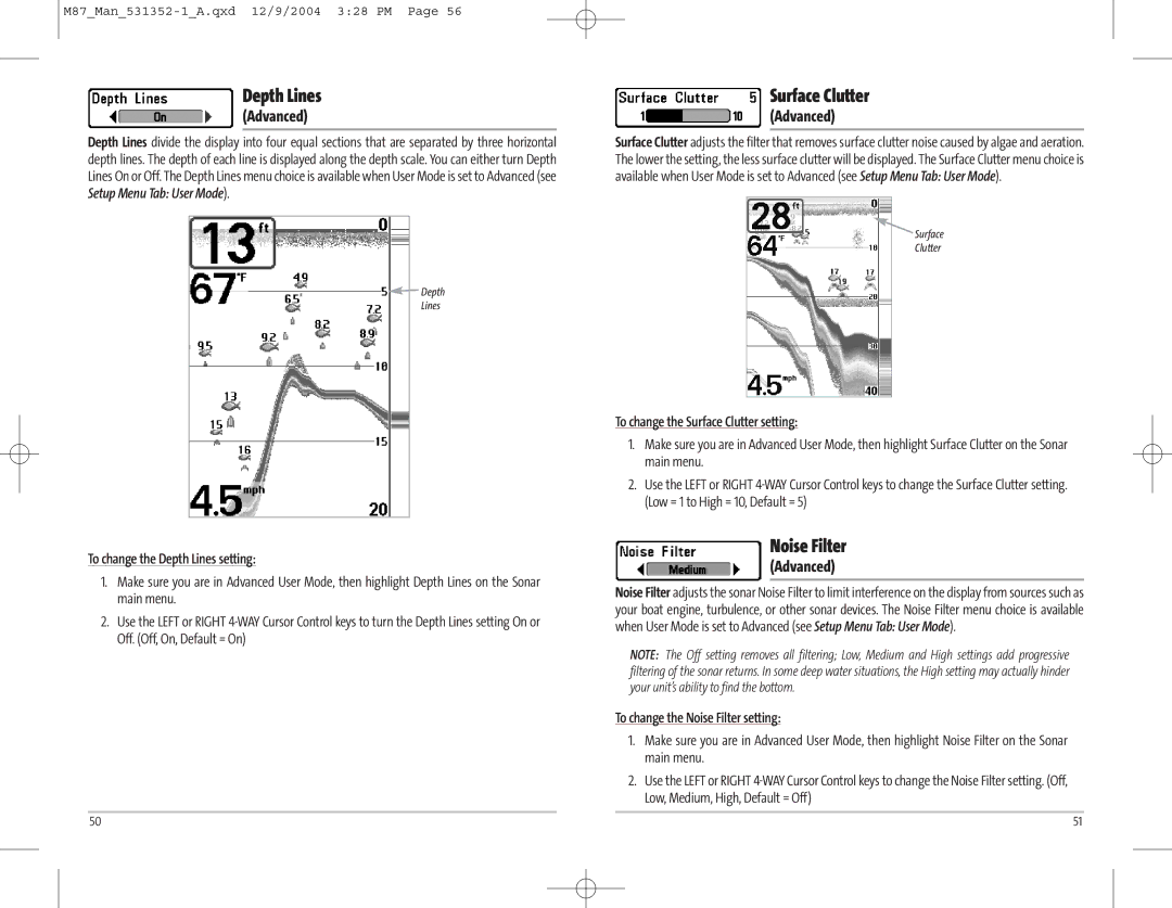 Humminbird Model Matrix 87 manual Depth Lines, Surface Clutter, Noise Filter 