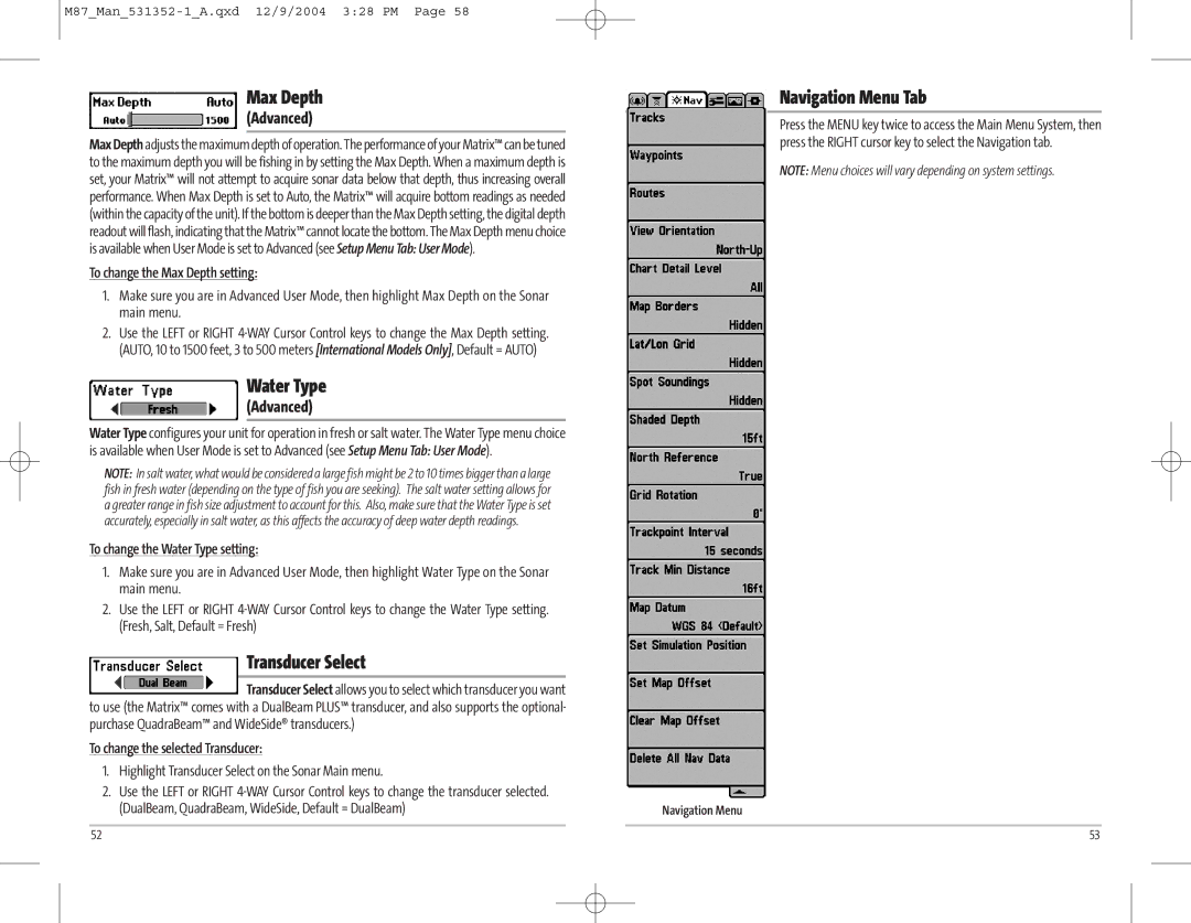 Humminbird Model Matrix 87 manual Max Depth, Water Type, Transducer Select, Navigation Menu Tab 