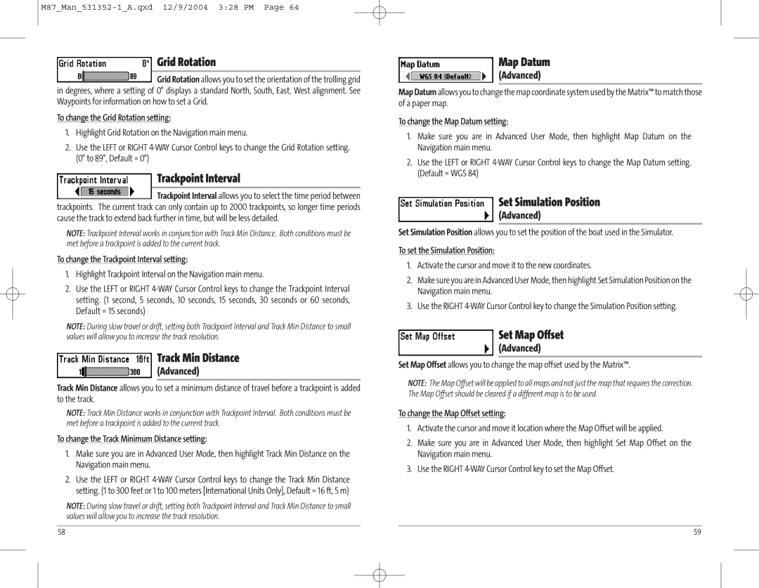 Humminbird Model Matrix 87 Grid Rotation, Trackpoint Interval, Track Min Distance, Map Datum, Set Simulation Position 