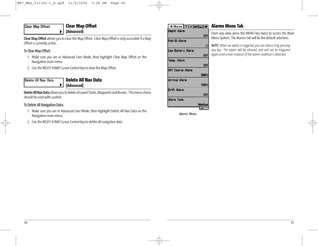 Humminbird Model Matrix 87 Delete All Nav Data, Alarms Menu Tab, To Clear Map Offset, To Delete All Navigation Data 