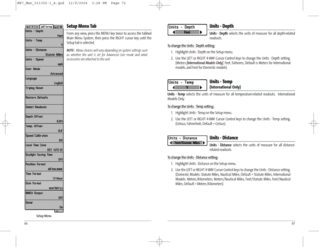 Humminbird Model Matrix 87 manual Setup Menu Tab, Units Depth, Units Temp, Units Distance, International Only 