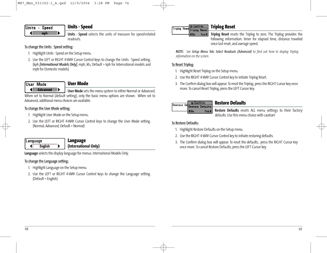 Humminbird Model Matrix 87 manual Units Speed, User Mode, Language, Triplog Reset, Restore Defaults 