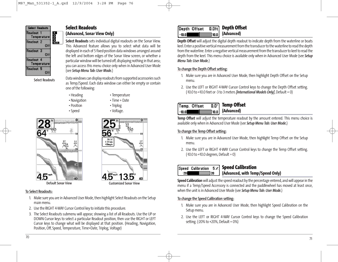 Humminbird Model Matrix 87 manual Select Readouts, Depth Offset, Temp Offset, Speed Calibration 