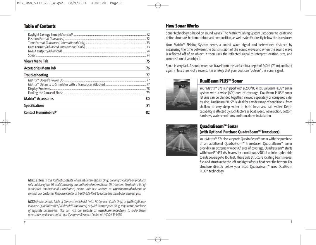 Humminbird Model Matrix 87 manual How Sonar Works, DualBeam Plus Sonar, QuadraBeam Sonar 