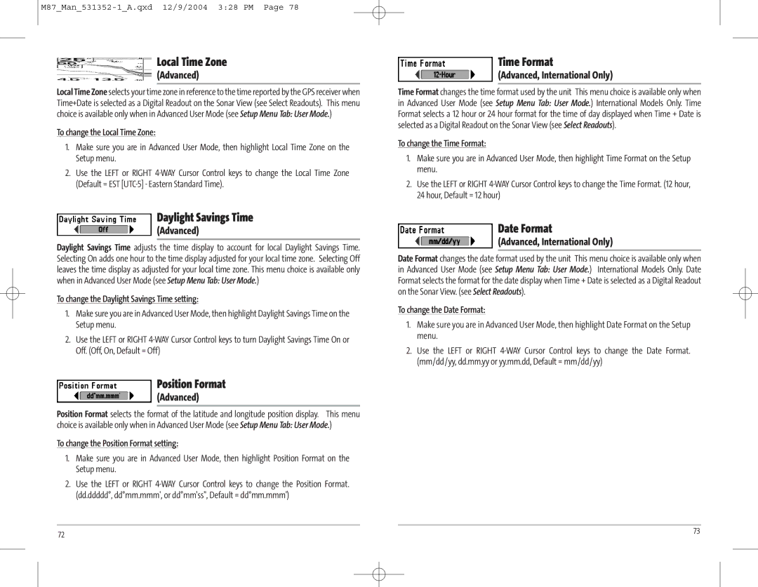 Humminbird Model Matrix 87 manual Local Time Zone, Daylight Savings Time, Position Format, Time Format, Date Format 